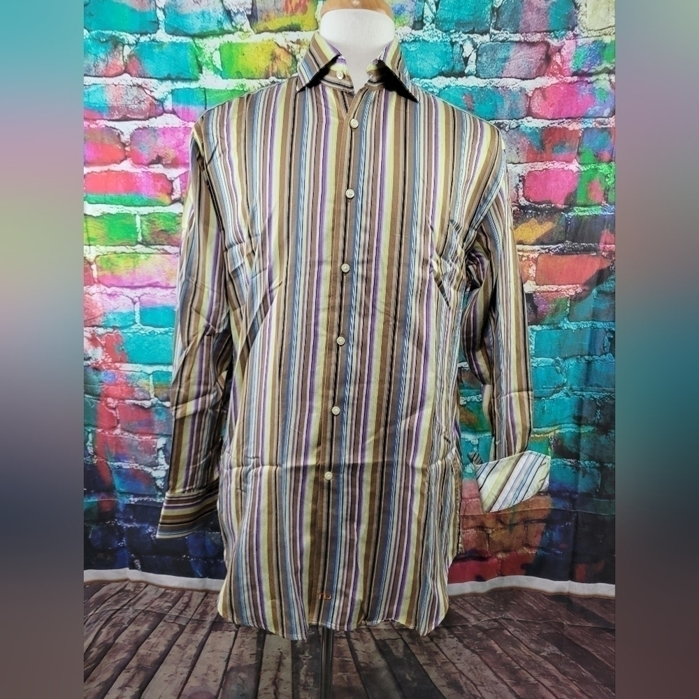 THOMAS dean multi-Color stripe embroidered detail dress shirt size large